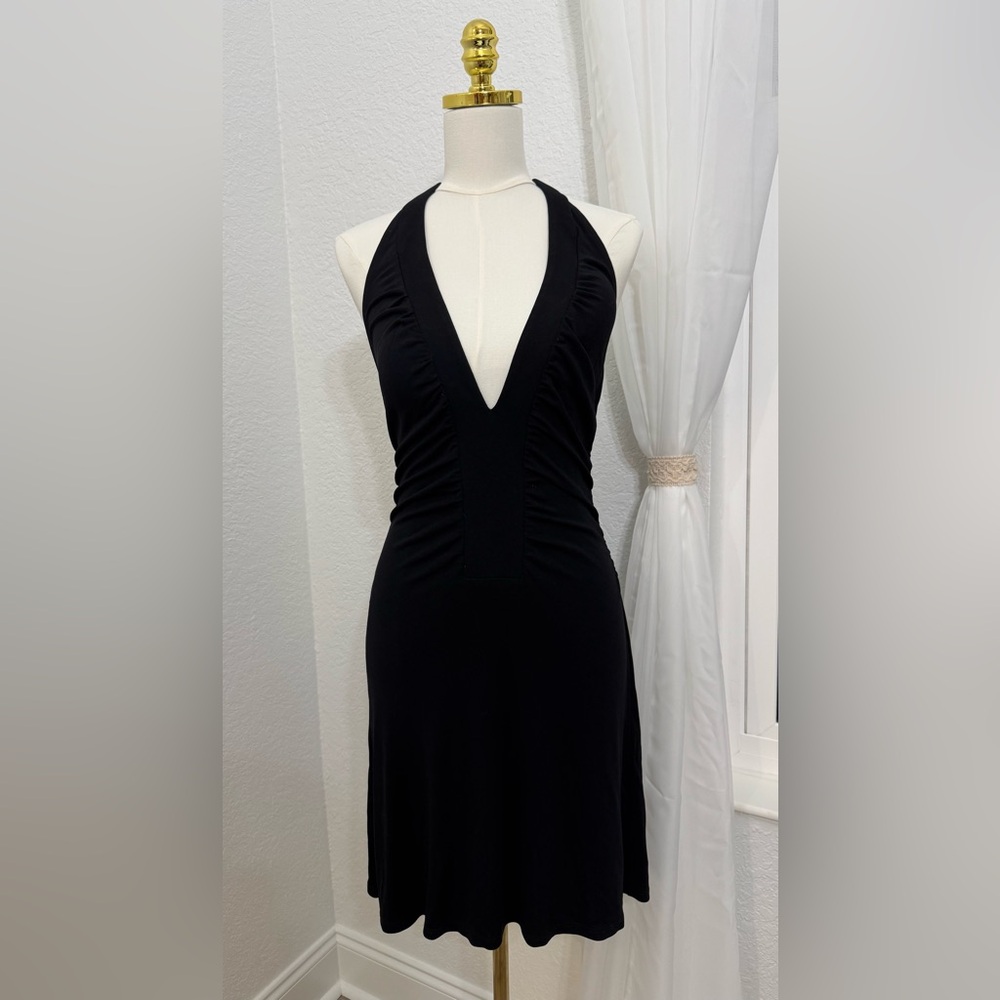 NEW Cache Y2K Vintage Low V Cut Halter Top Black Dress LBD Size Small